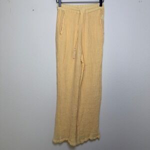 Monday Women 100% Linen Pants P Yellow Wide Leg Gauze Summer Resort Vacation